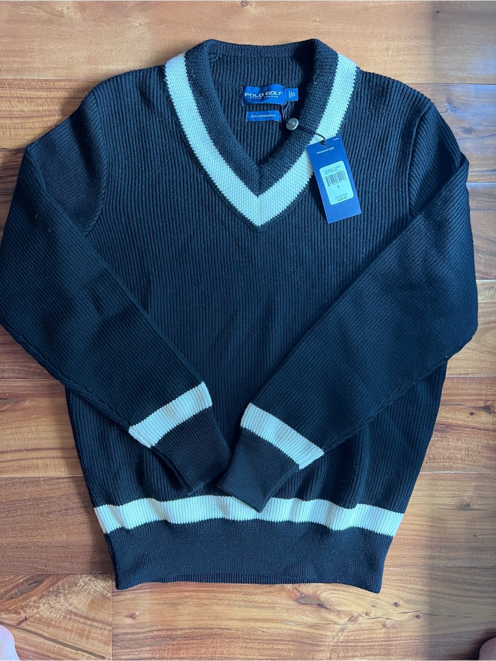 Polo Golf by Ralph Lauren Black V-Neck Sweater with White Trim 100% Merino Wool